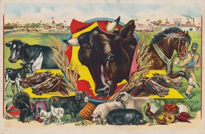 Bull Head In The Center Surrounded By Fair Buildings Horsetrack Farm Animals And Produce