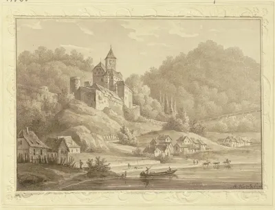 Burg Auf Einem Hugel An Einem Fluss