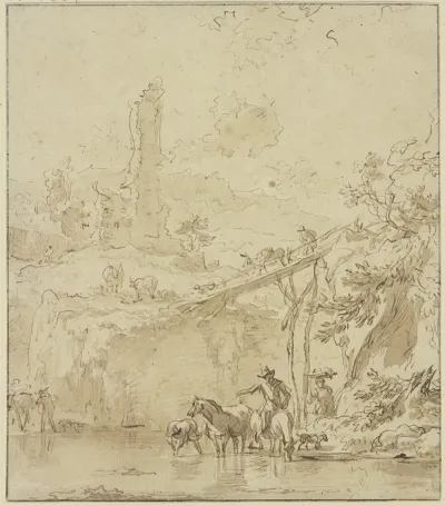 Burgruine Rechts Ein Hoher Steg Ein Bauer Trankt Seine Pferde