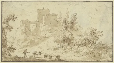 Burgruine Vorne Ein Hirte Mit Eseln Und Schafen