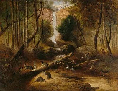Bush Landscape With Waterfall And An Aborigine Stalking Native Animals New South Wales