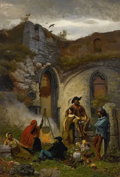 Campement De Bohemiens Dans Les Ruines De Labbaye De Saint Bavon Gand