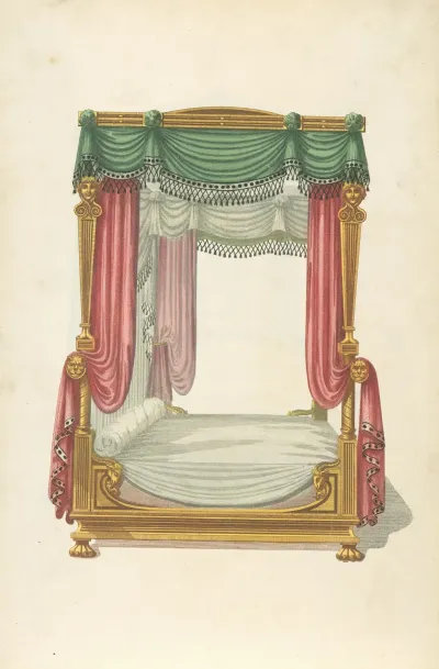 Canopy Bed With Green And Red Drapery