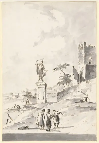Capriccio With A Statue Of A Warrior And A Ruined Castle On The Shore Of The Lagoon