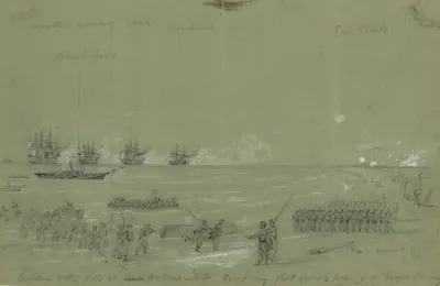 Capture Of The Forts At Cape Hatteras Inlet First Day Fleet Opening Fire And Troops Landing In The Surf