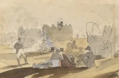Caravan With Covered Wagons Resting Recto