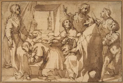 Cardinal Paolo Sfondrato Kneeling Before Saint Cecilia Accompanied By Other Saints