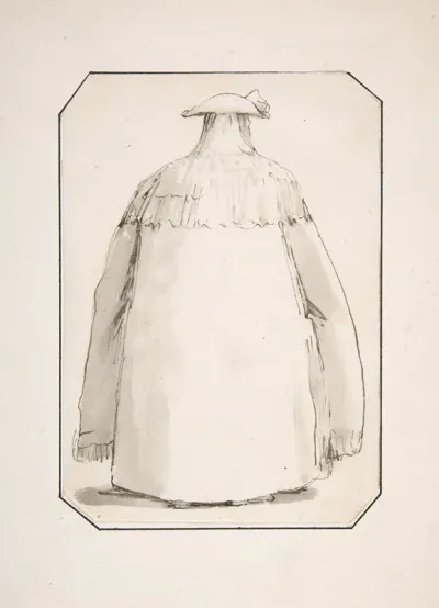 Caricature Of A Fat Person Wearing A Long Cloak And A Tricorne Seen From Behind
