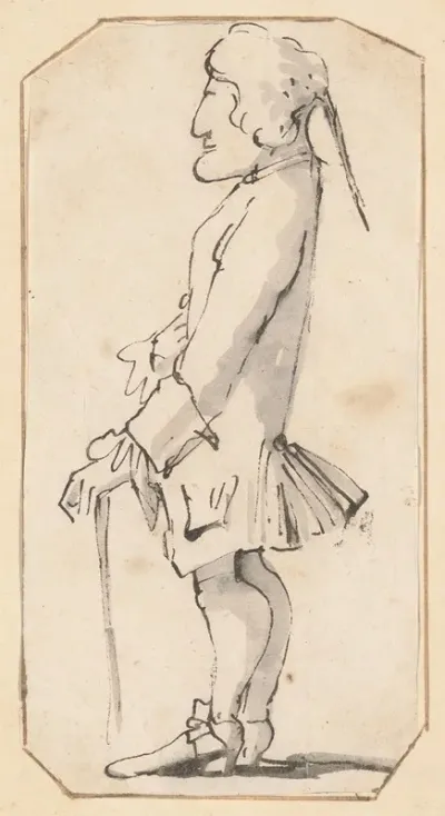 Caricature Of A Man Carrying A Stick Standing In Profile To The Left