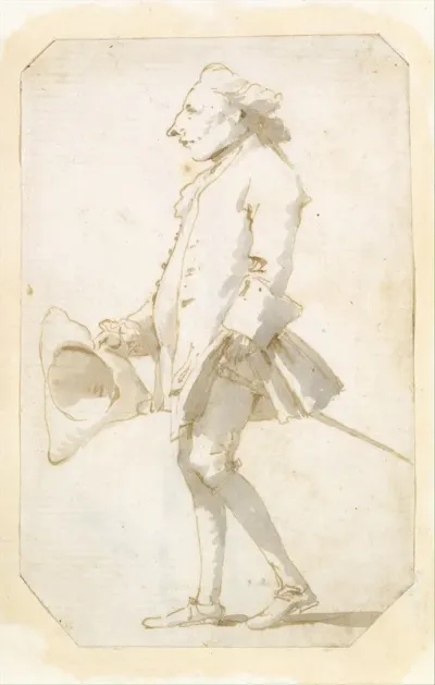 Caricature Of A Man Holding A Tricorne Walking To The Left