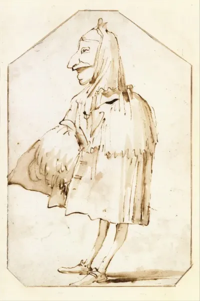 Caricature Of A Man In A Mask And A Cloak Holding A Muff And A Tricorne Standing In Profile To The Left