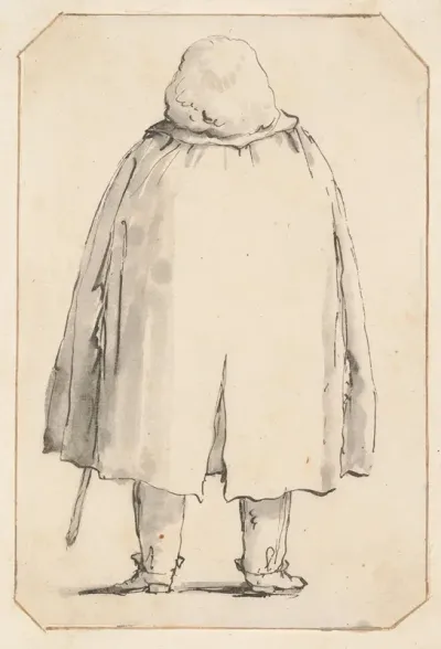 Caricature Of A Man In A Voluminous Cloak Carrying A Walking Stick Seen From Behind