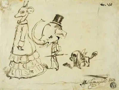 Caricature Of Man Woman And Dog