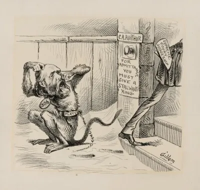 Caricature Of Thomas Platt As A Chained Monkey Next To Sign That Reads For Admittance To Supreme Court Judgeship You Must Give A Stalwart Ring