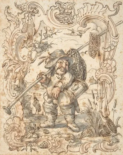 Caricatures Of A Fish And A Bird Peddler In Ornamental Frames