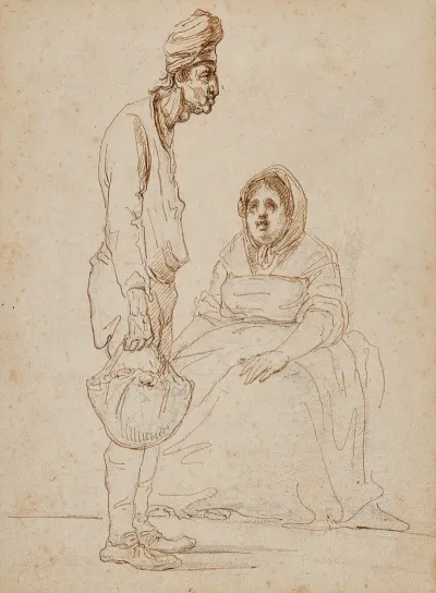 Caricatures Of A Man Holding A Basket And A Seated Woman