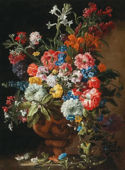 Carnations Lillies Nigellas And Other Flowers In A Decorative Terracotta Vase On A Stone Ledge