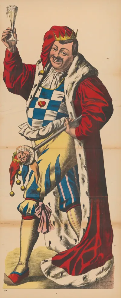 Carnival Prince In Long Red Robe With A Glass Of Beer And A Marotte