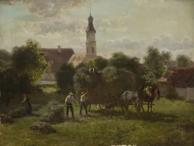 Carting Hay With A View Of The Village And The Church