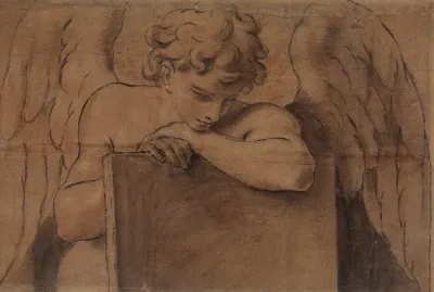 Cartoon Fragment For Adolescent Angel Leaning On A Tablet Or Closed Book