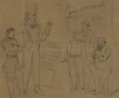 Cartoon Showing Uncle Sam And General Mcclellan Standing Before A Playbill