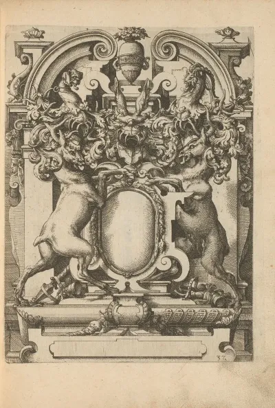 Cartouche Flanked By Two Deer Leaf Tendrils And A Helmet With Animal Ears