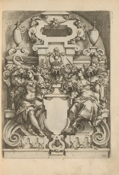 Cartouche Flanked By Two Women A Unicorn And A Swan