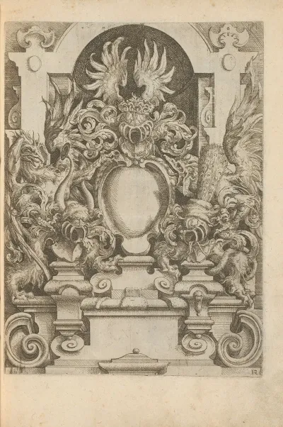 Cartouche On A Pedestal Flanked By Two Large Birds Of Prey