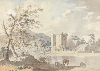 Castle Below Mountains With Horses By A River