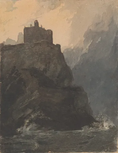 Castle On Cliff With A Stormy Sea And Shipwreck At Base Of Cliff