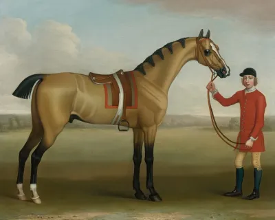 Cato A Bay Racehorse With A Groom In A Landscape