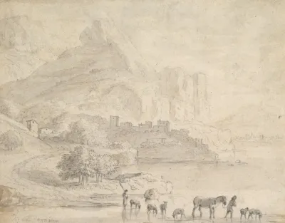 Cattle And Shepherds In A Southern Mountainous Landscape