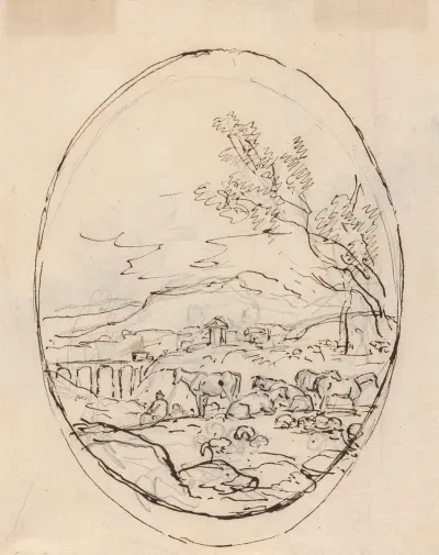 Cattle In A Field With Mountains And Bridge In Background