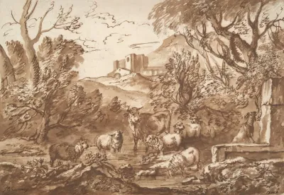 Cattle In A Watering Place Near A Fountain Late