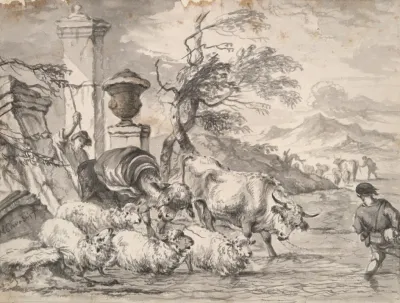 Cattle Wasing Through A Flooded Stream