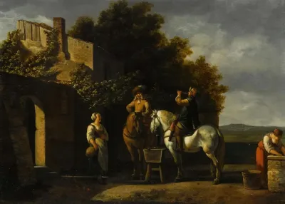 Cavaliers On Horseback Resting Outside An Inn With A Courtyard Beyond