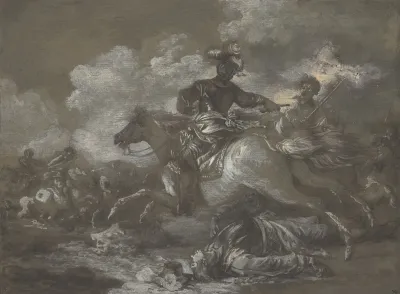 Cavalry Skirmish With A Fallen Soldier At Right