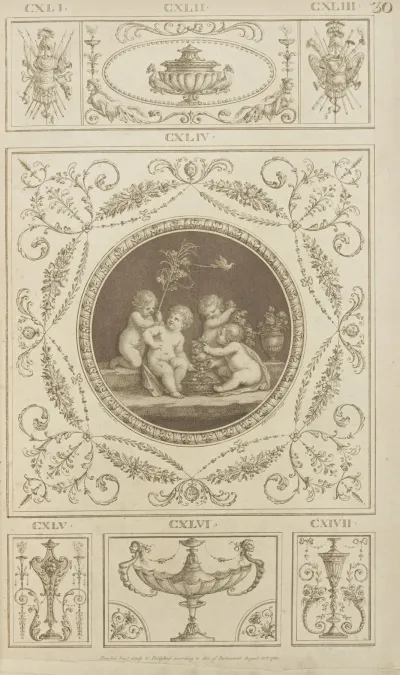 Central Design Of Four Cherubs With Basket Of Fruit And Leaves Small Bird Overhead