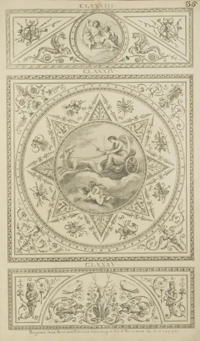 Central Design Of Moon Goddess Riding Stag Drawn Chariot Across The Sky