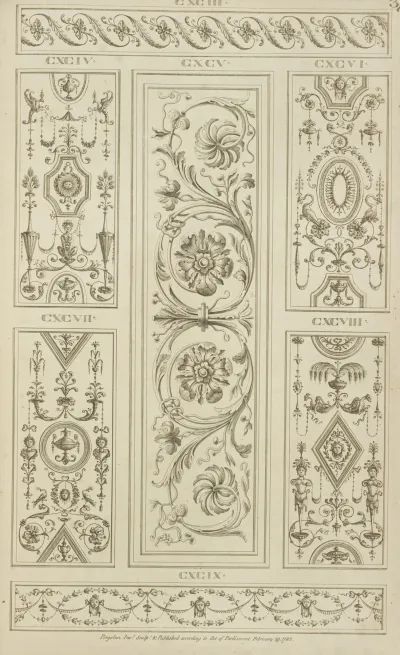 Central Design Of Two Floral Shapes Surrounded By Curling Vegetal Shapes