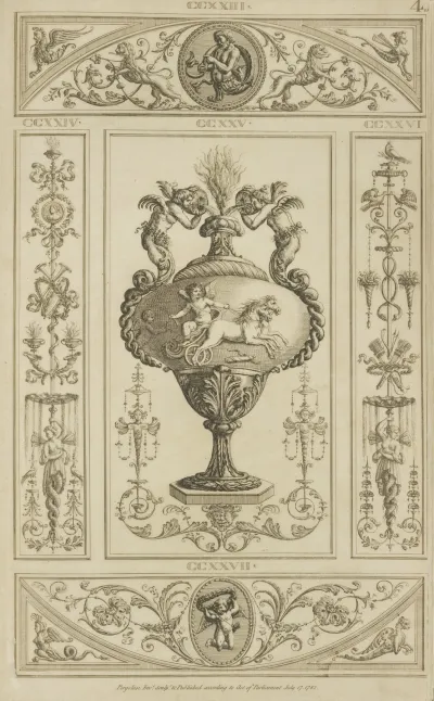 Central Design Of Urn With Design Of Cherub Driving Horse Drawn Chariot