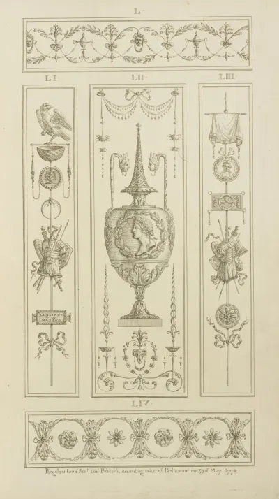 Central Design Of Urn With Garland And Mans Bust And Two Long Handles With Faces