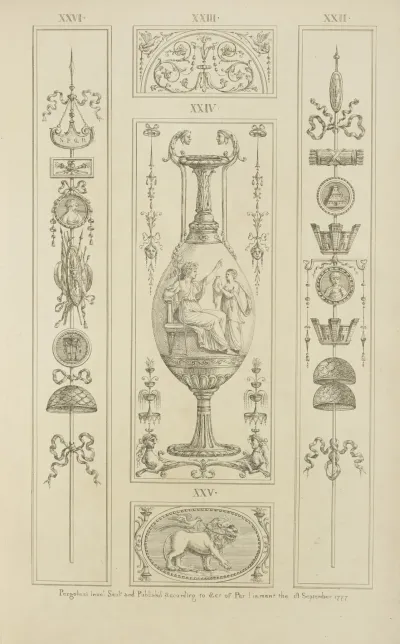 Central Design Of Vase Seated Goddess Pointing At Woman With Urn