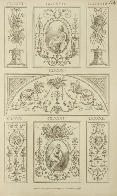 Central Tympanum Shaped Ornamental Design With Curling Vegetal Shapes Sea Monsters And Birds
