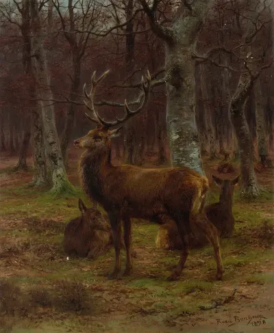 Cerf Et Biches Dans La Foret Automne