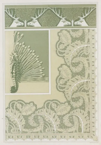 Cerfs Et Noisetiers Bordure Carreaux Ceramiques Hippocampe Et Algues Pied De Coffret Bronze Lezards Et Pavots Broderie
