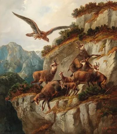 Chamois And Eagle On A Steep Cliff Face