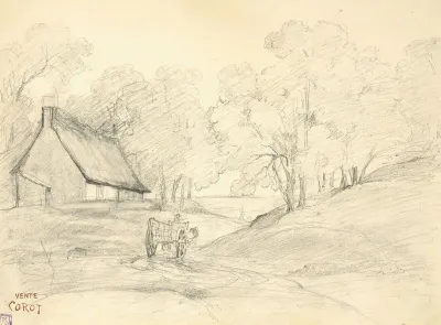 Chaumiere Dans Un Paysage Arbore Avec Un Homme Dans Une Charrette