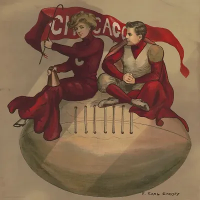 Cheerleader And Football Player Sitting On Giant Football With Chicago Flag