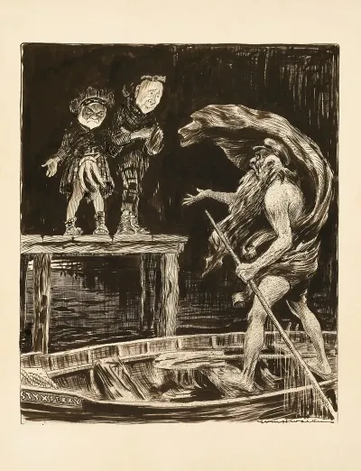 Cheron Beckons Two Men To Enter The Boat To Take Them Across The Styx To Hades But They Will Not Enter
